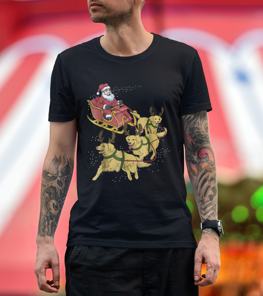 Santa's Sleigh Pulled by Festive Golden Retrievers T-Shirt
