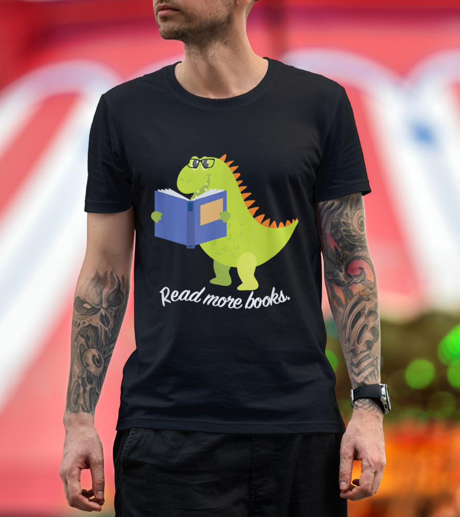 Bookish Rex Dinosaur Wearing Glasses with Read More Books Encouragement T-Shirt