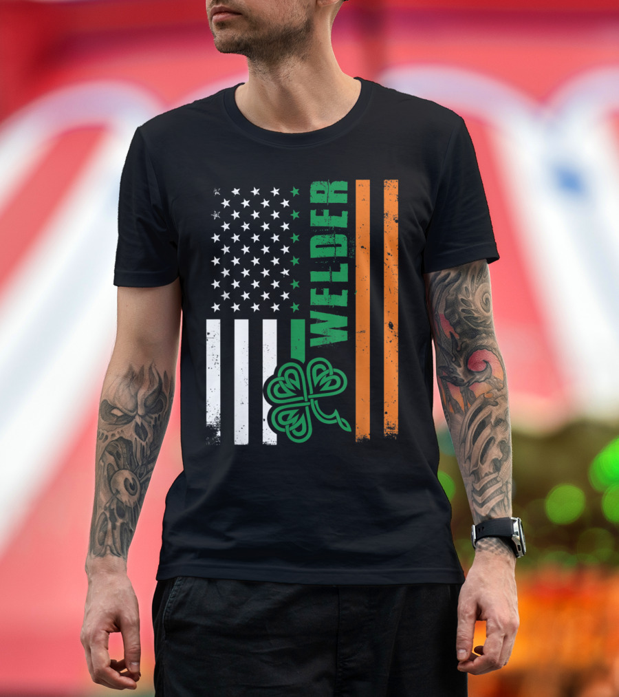Welder American Ireland Flag with Shamrock T-Shirt