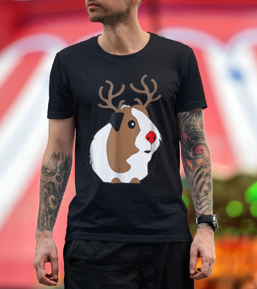Funny Guinea Pig Xmas with Reindeer Antlers and Rudolph Red Nose T-Shirt
