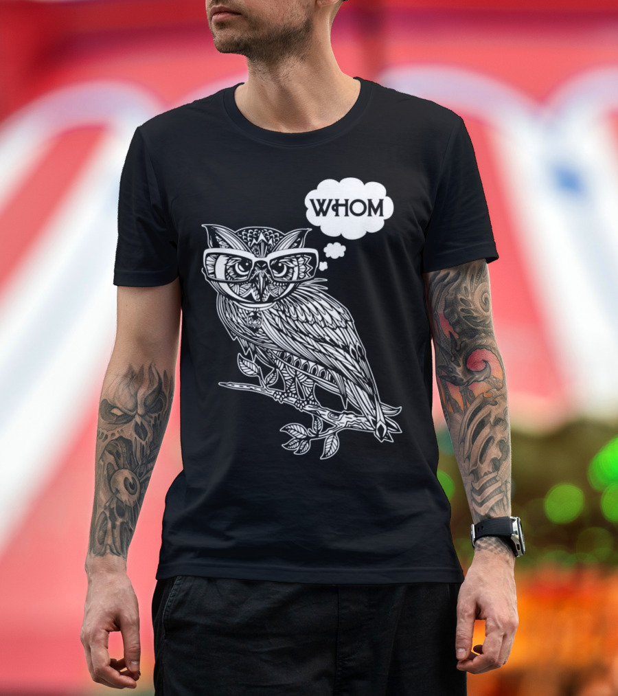 Owl with Glasses Thinking 'Whom' Grammar Bookworm T-Shirt