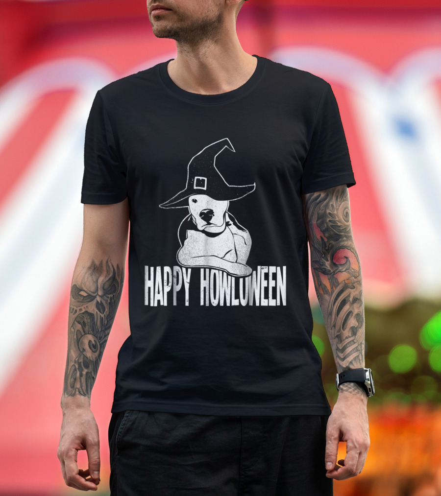 Happy Howloween Pitbull with Witch Hat Halloween T-Shirt