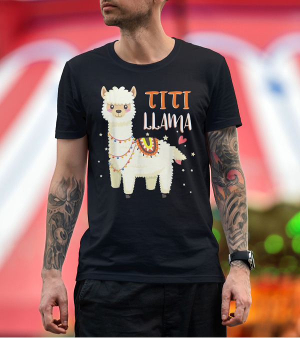 Premium T-Shirt: Titi Llama Cartoon with Colorful Blanket Hearts and Stars T-Shirt Titi Llama Cartoon with Colorful Blanket Hearts and Stars T-Shirt