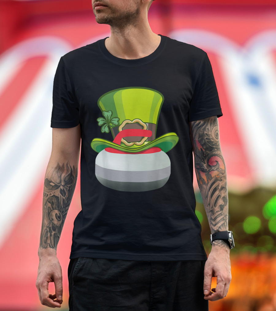 Leprechaun Hat and Shamrock on Curling Stone T-Shirt