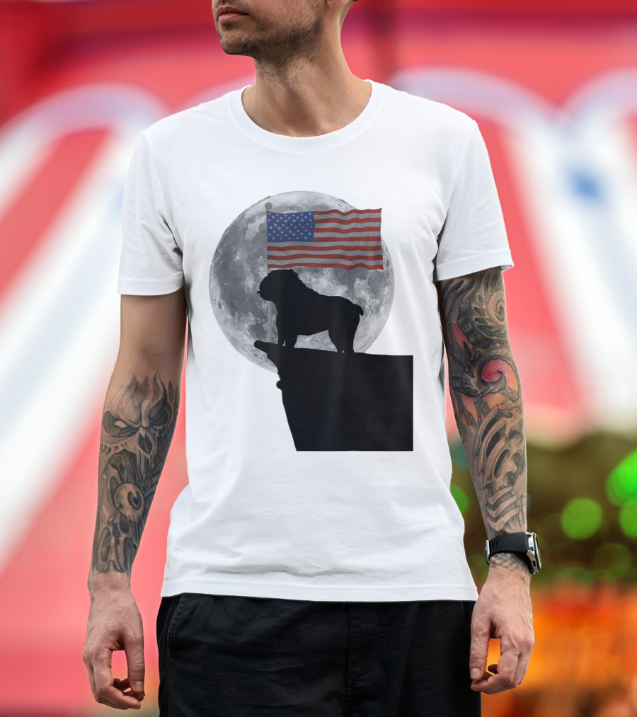 English Bulldog Silhouette with American Flag and Moon Background T-Shirt