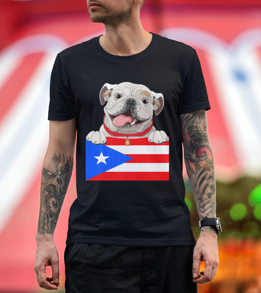 English Bulldog Holding Puerto Rico Flag T-Shirt