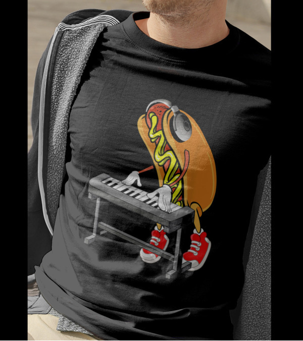 Hot Dog Playing Keyboard With Headphones And Red Sneakers T-Shirt