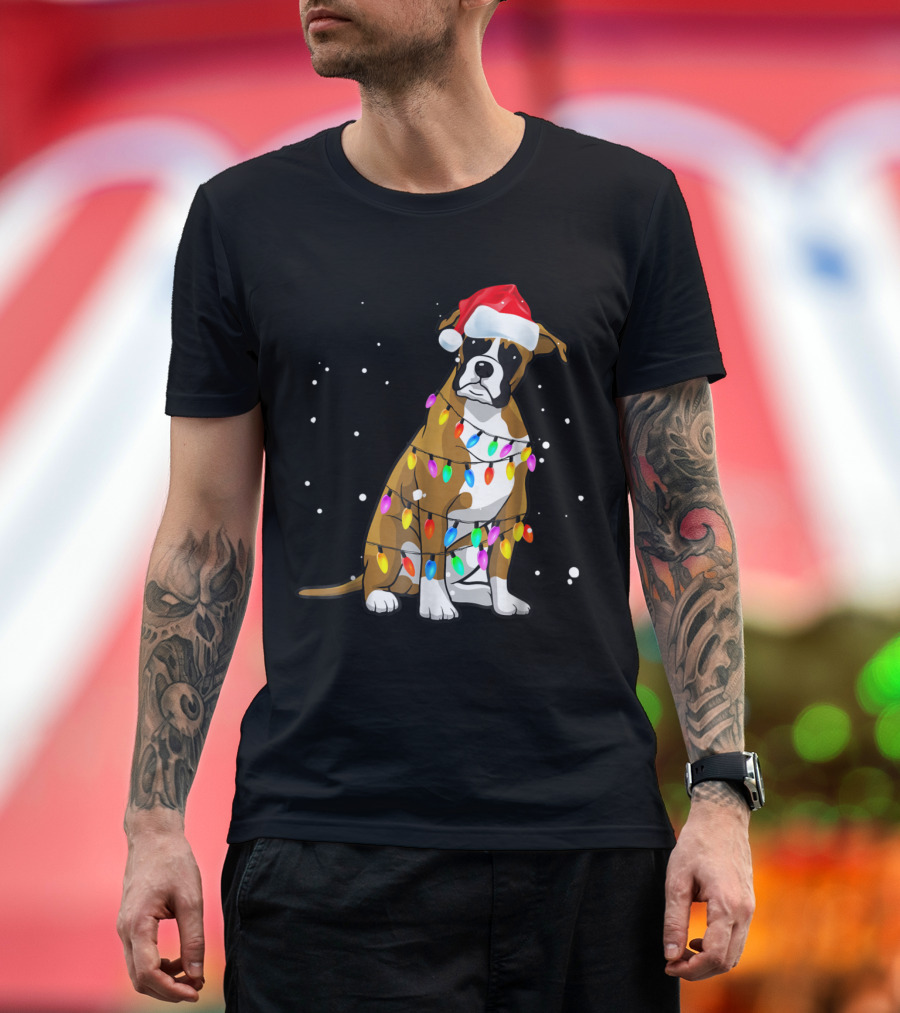 Boxer Christmas Boxer Dog Lights Santa Hat T-Shirt