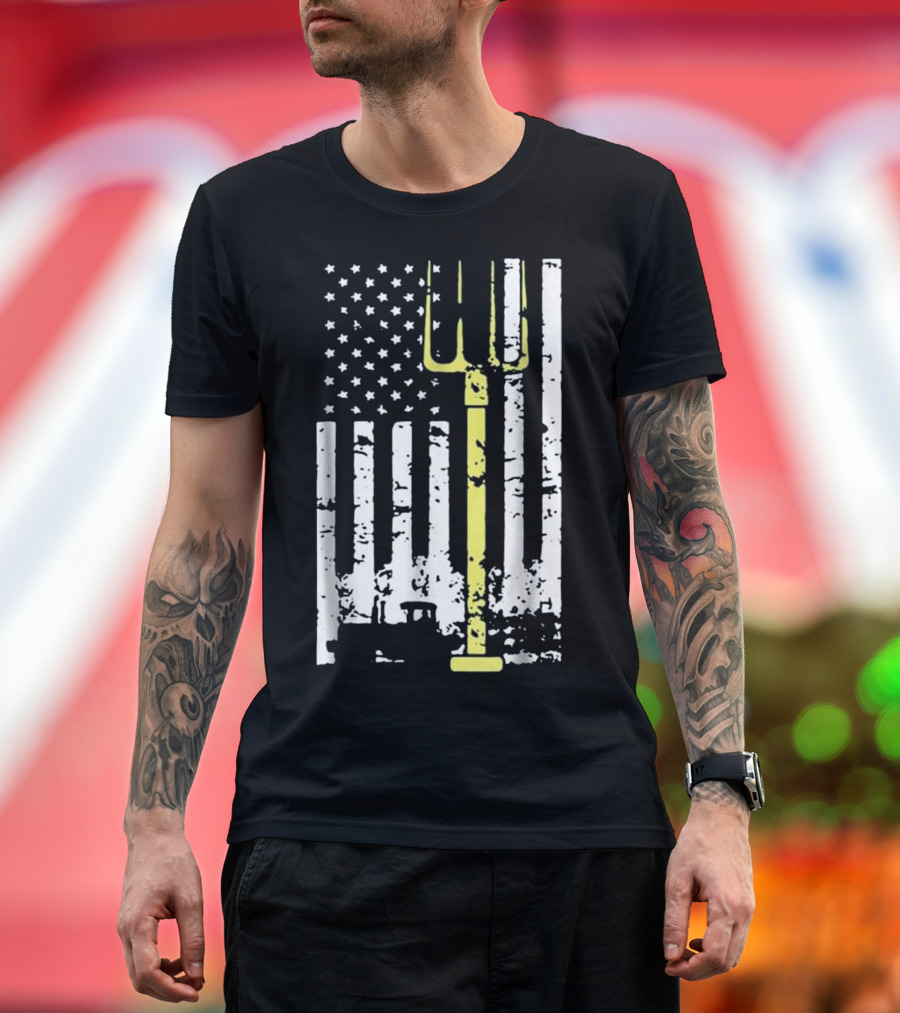 Tractor Rancher American Flag Farm Patriotic Pitchfork T-Shirt