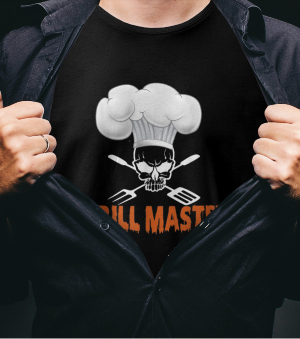 Grill Master Skull Chef With Cap And Crossed Utensils T-Shirt