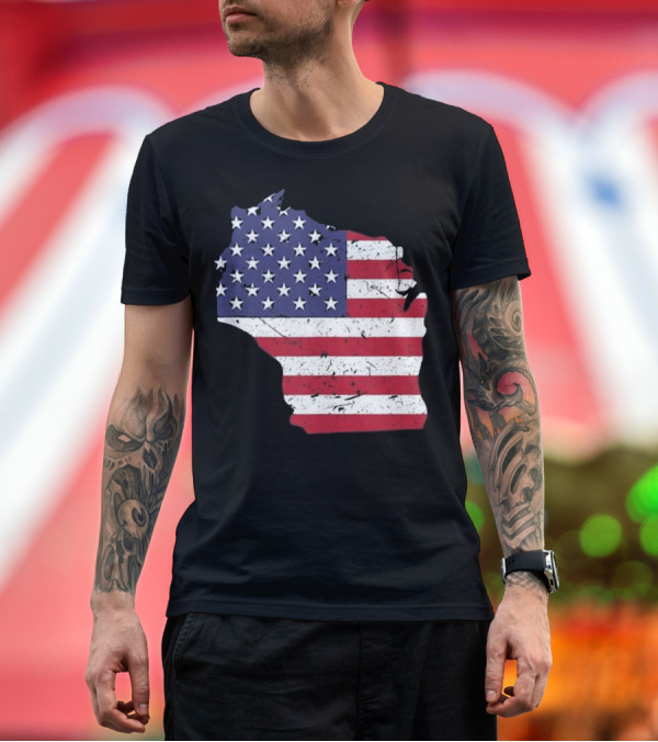 Premium T-Shirt: Wisconsin Map American Flag T-Shirt Wisconsin Map American Flag T-Shirt