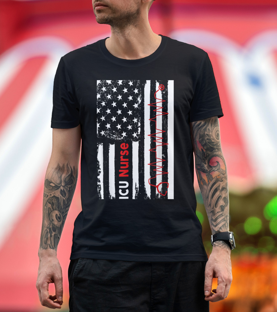 ICU Nurse American Flag Heartbeat Stethoscope T-Shirt