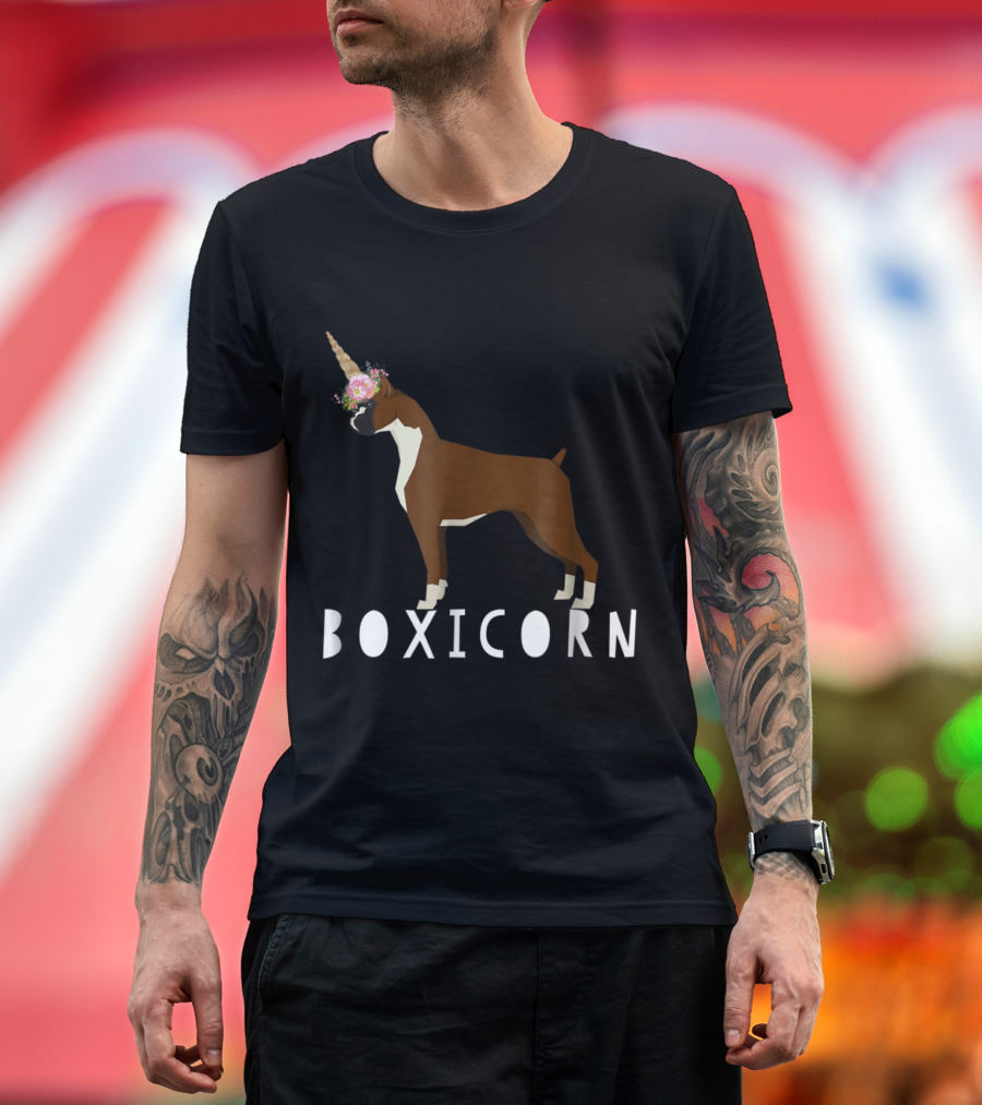 Boxicorn Boxer Meets Unicorn with Horn and Flowers T-Shirt