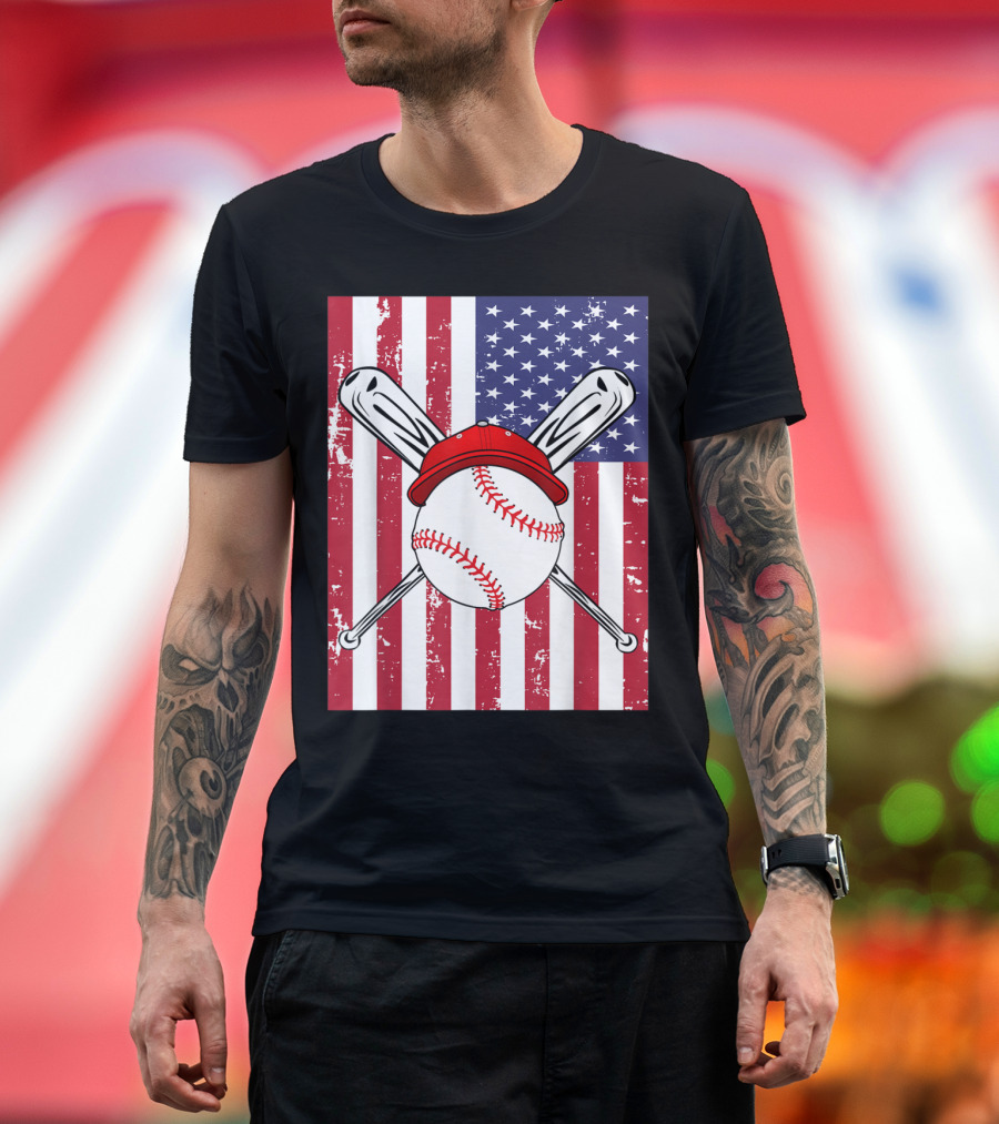 Boys Men 4th of July American Flag Baseball Player Hat Crossed Bats T-Shirt