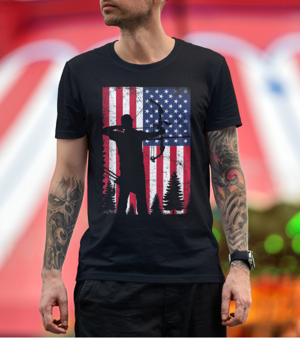 Premium T-Shirt: American Flag with Archer Silhouette USA Forest T-Shirt American Flag with Archer Silhouette USA Forest T-Shirt