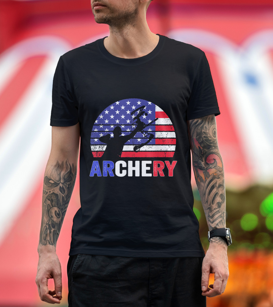 Archery Silhouette with US Flag for 4th of July T-Shirt