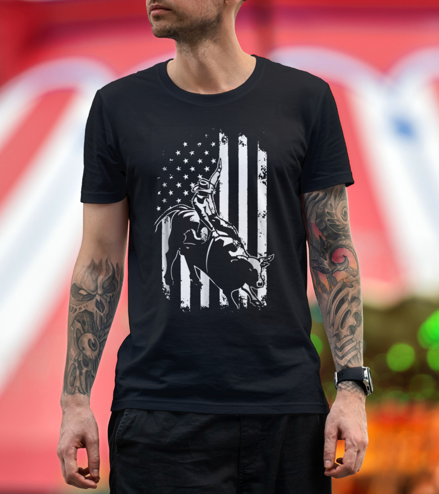 Bull Riding American Flag Cowboy Rodeo T-Shirt