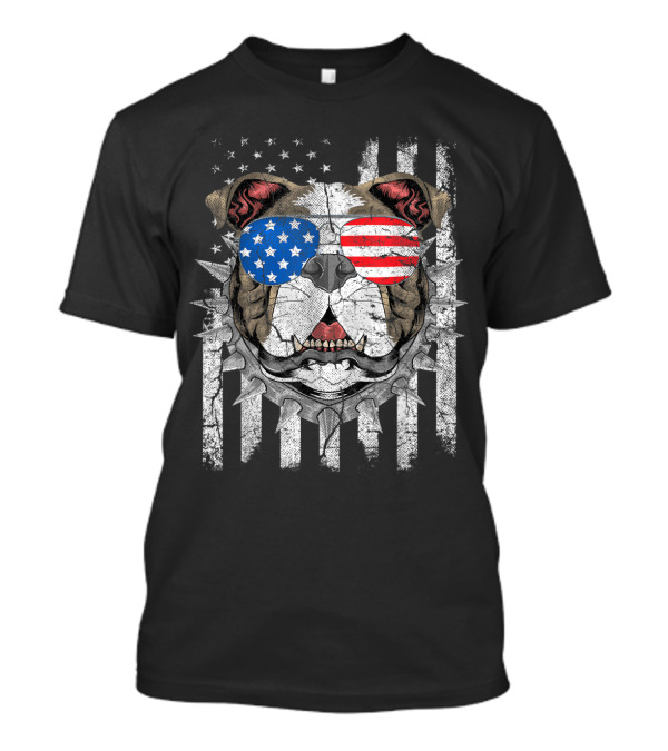Bulldog Wearing American Flag Sunglasses With Spiked Collar On Distressed 4th Of July Flag T-Shirt