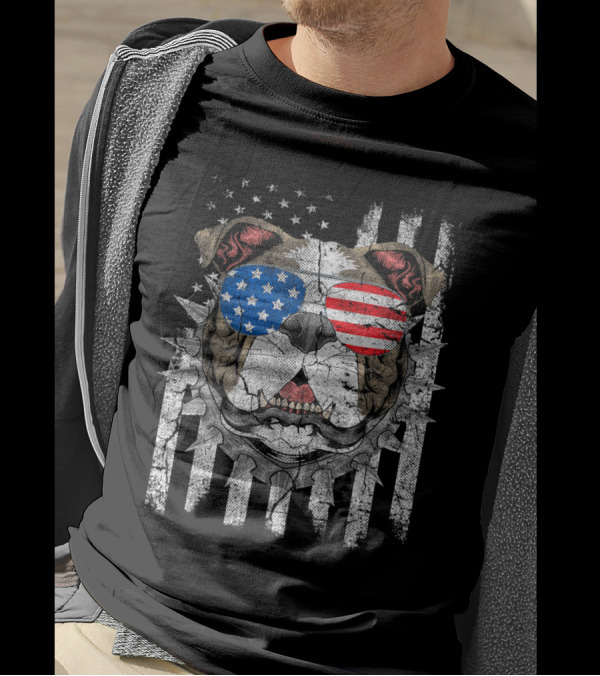 Bulldog Wearing American Flag Sunglasses With Spiked Collar On Distressed 4th Of July Flag T-Shirt