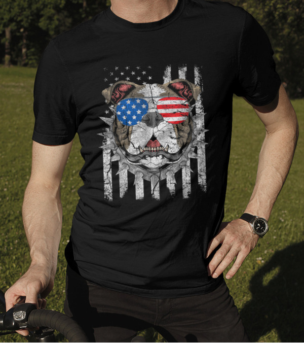 Bulldog Wearing American Flag Sunglasses With Spiked Collar On Distressed 4th Of July Flag T-Shirt