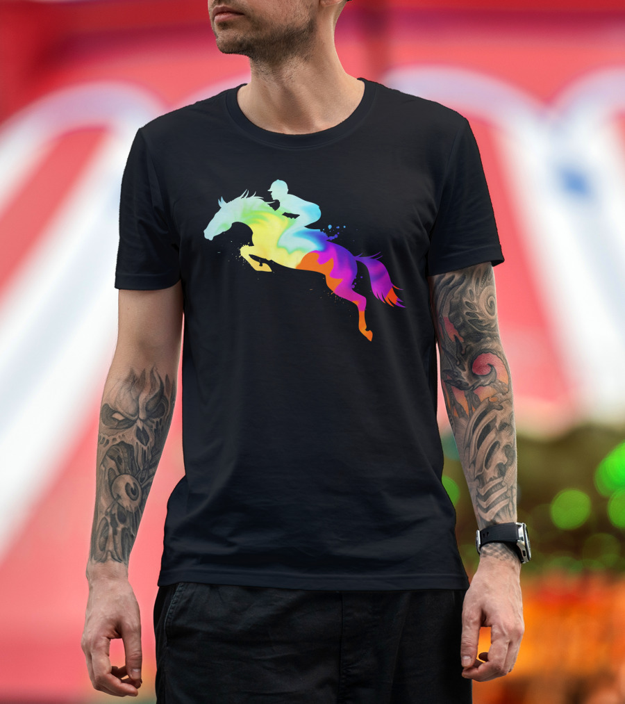 Tye Dyed Water Splashed Horse and Rider Rainbow T-Shirt