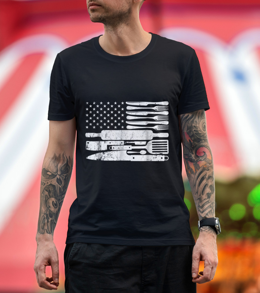 Happy Chef Cooking Utensils American Flag T-Shirt