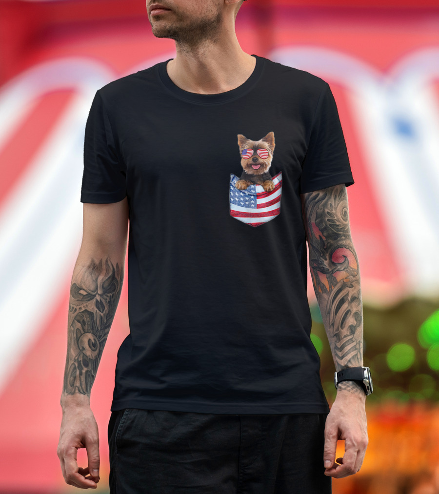 Yorkshire Terrier Yorkie with US Flag Sunglasses in American Flag Pocket T-Shirt