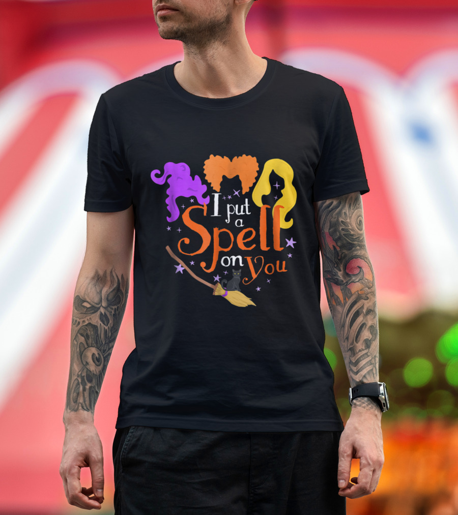 I Put A Spell on You Halloween Witch Hair Silhouettes Orange Purple Yellow Broomstick Stars T-Shirt