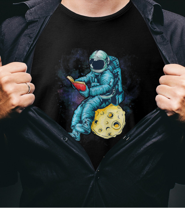 Astronaut Reading Book On Moon In Space T-Shirt