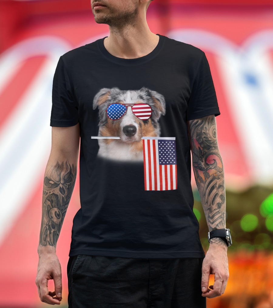 Aussie Dog Merica American Flag 4th of July T-Shirt