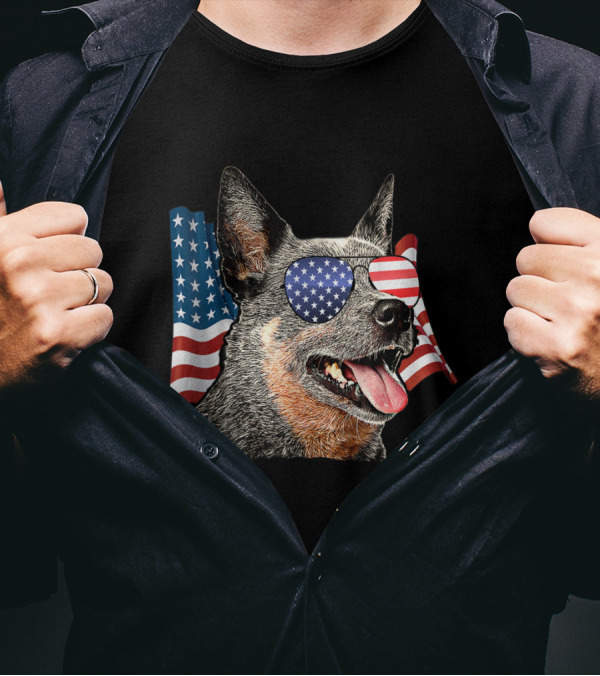 Australian Cattle Dog USA Flag Sunglasses T-Shirt