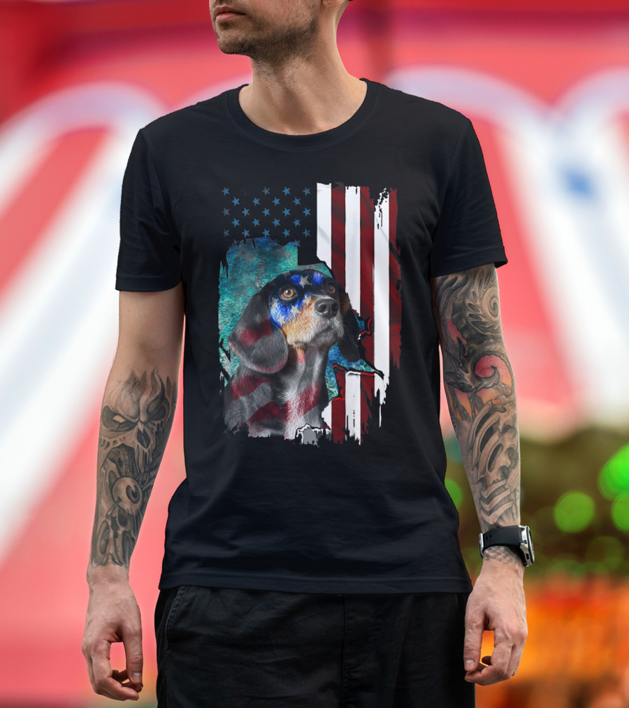 Dachshund with American Flag Background for 4th of July T-Shirt