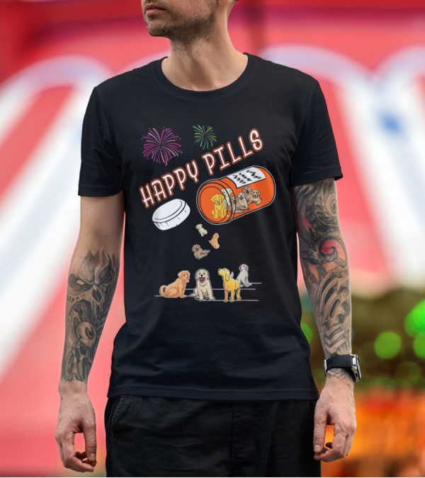 Premium T-Shirt: HAPPY PILLS Golden Retriever Dogs Fireworks T-Shirt HAPPY PILLS Golden Retriever Dogs Fireworks T-Shirt