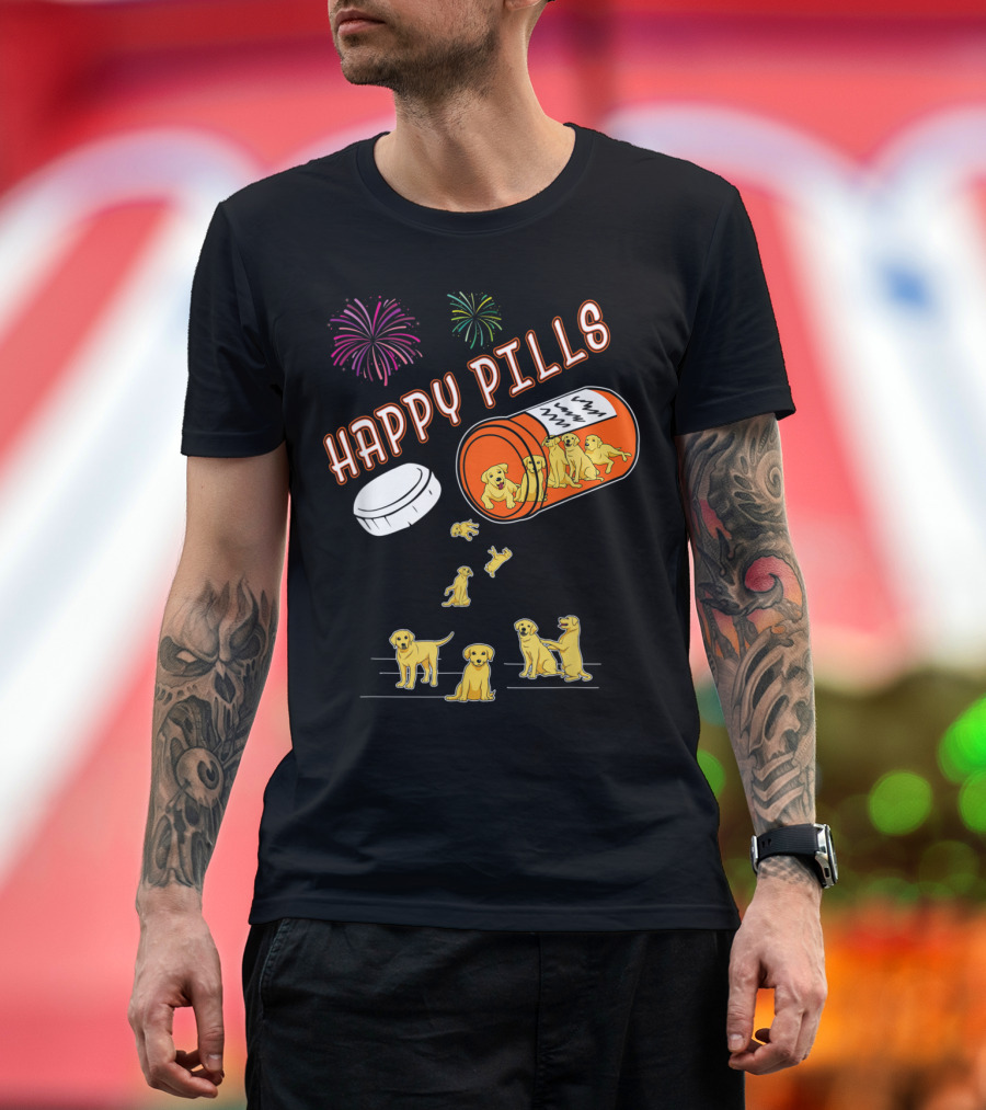 Happy Pills Labrador Retriever Fireworks Capsule Playful Puppies T-Shirt