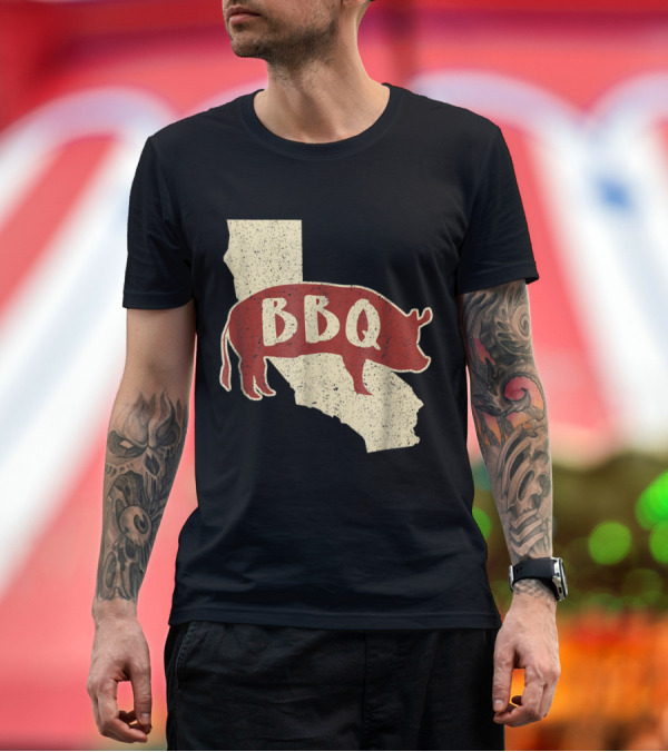 Premium T-Shirt: California BBQ Pig Silhouette on State Map T-Shirt California BBQ Pig Silhouette on State Map T-Shirt