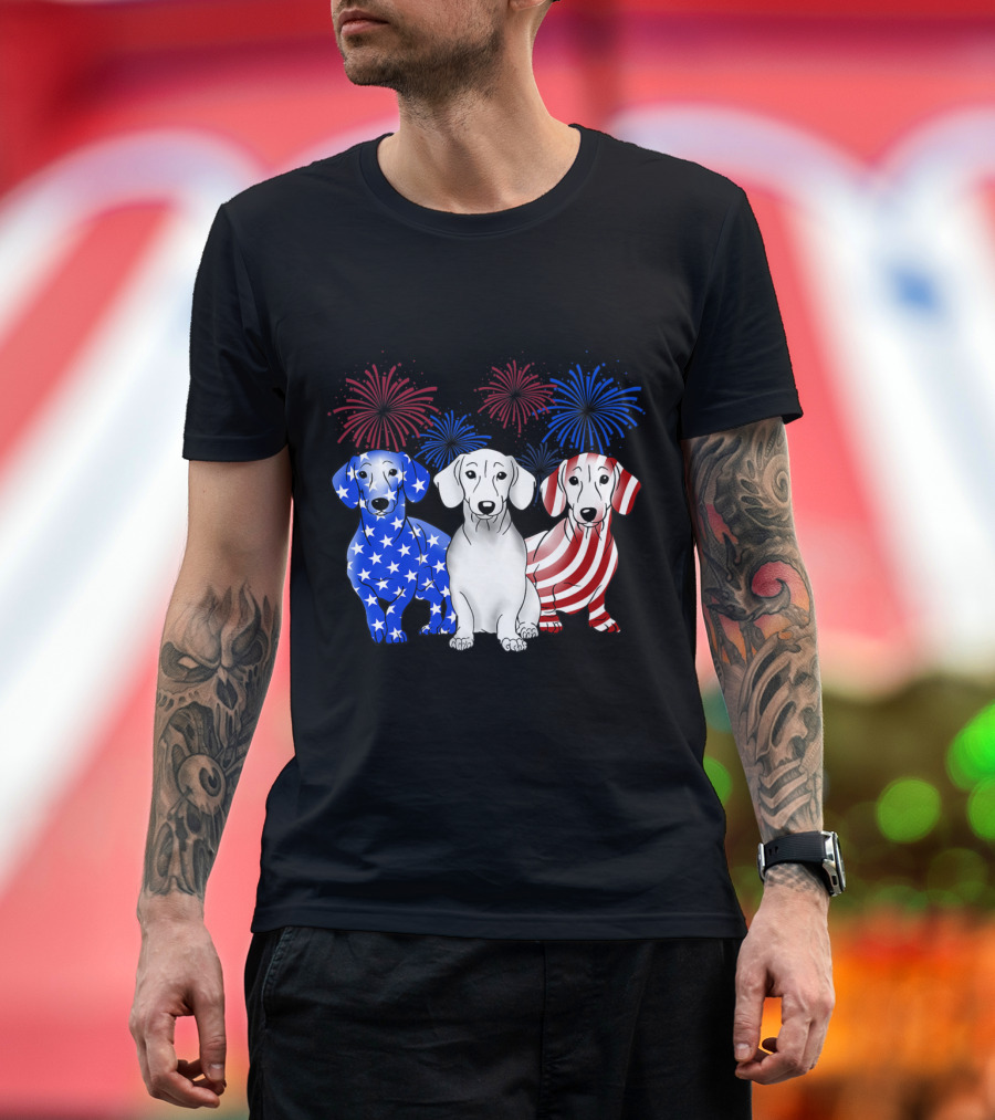 Dachshund Dog Patriotic Stars Stripes American Flag Fireworks T-Shirt