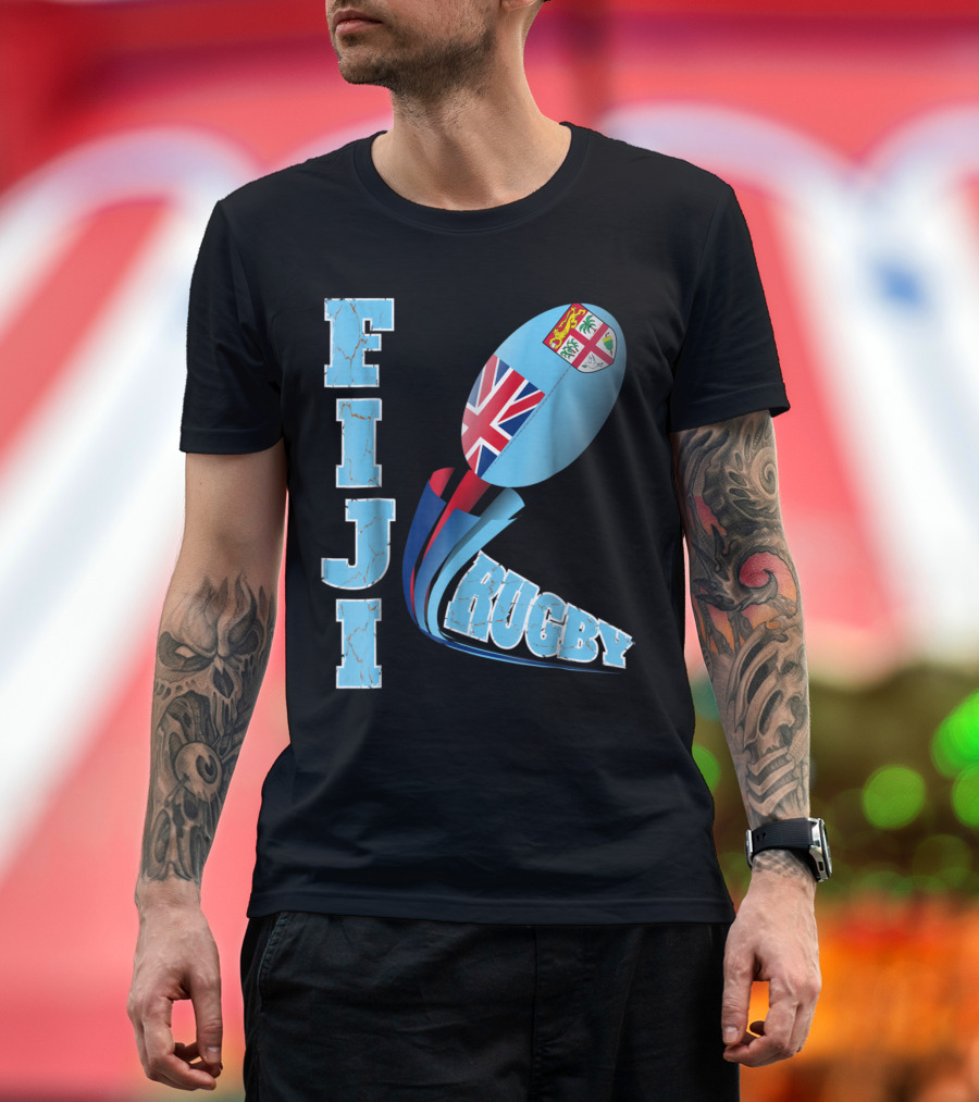 Fiji Rugby Distressed Marbled Text Union Jack Logo Ball T-Shirt