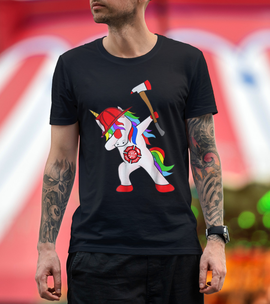 Unicorn Firefighter Dabbing Fire Dept Emblem with Axe T-Shirt