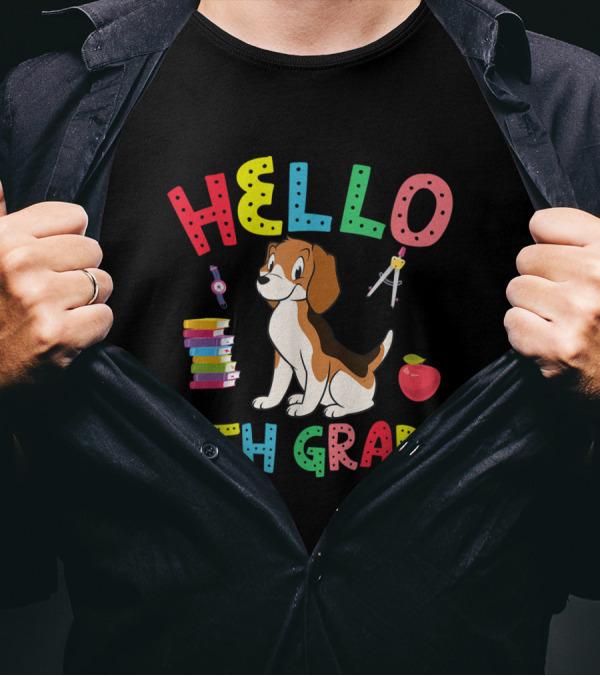 Hello 8th Grade Beagle With School Supplies And Apple T-Shirt