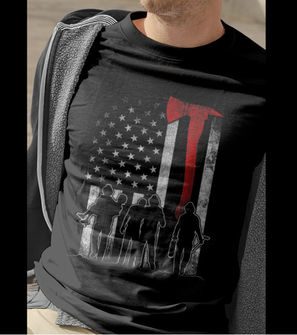 Firefighter Fireman Thin Red Line Axe American Flag T-Shirt