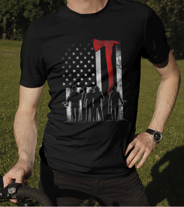Firefighter Fireman Thin Red Line Axe American Flag T-Shirt