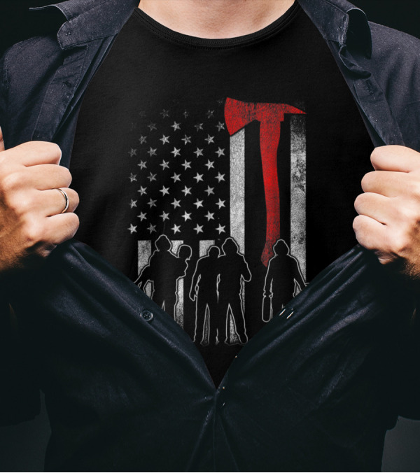 Firefighter Fireman Thin Red Line Axe American Flag T-Shirt