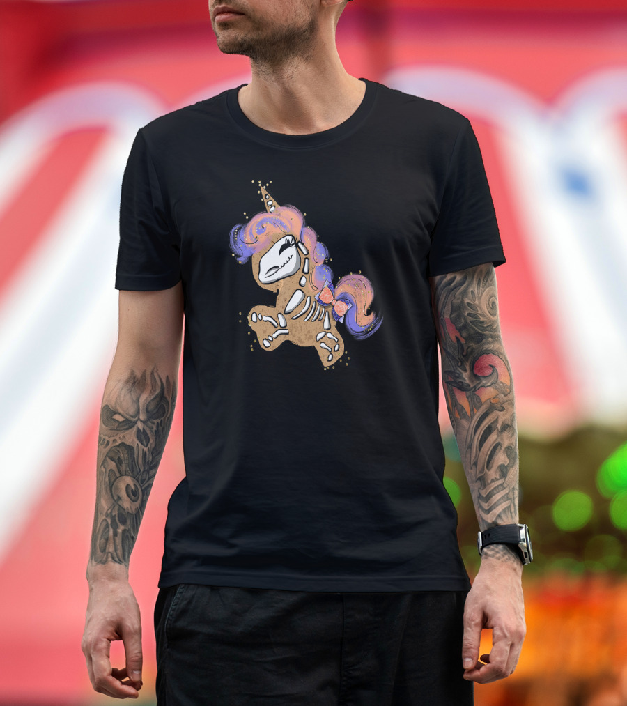 Unicorn Skeleton Fossil Cookie-Inspired Design with Rainbow Hair and Bow T-Shirt