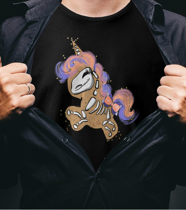 Unicorn Skeleton Fossil Cookie-Inspired Design With Rainbow Hair And Bow T-Shirt
