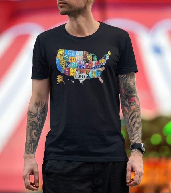 Premium T-Shirt: United States Map Atlas Flag Art US License Plate Graph T-Shirt United States Map Atlas Flag Art US License Plate Graph T-Shirt