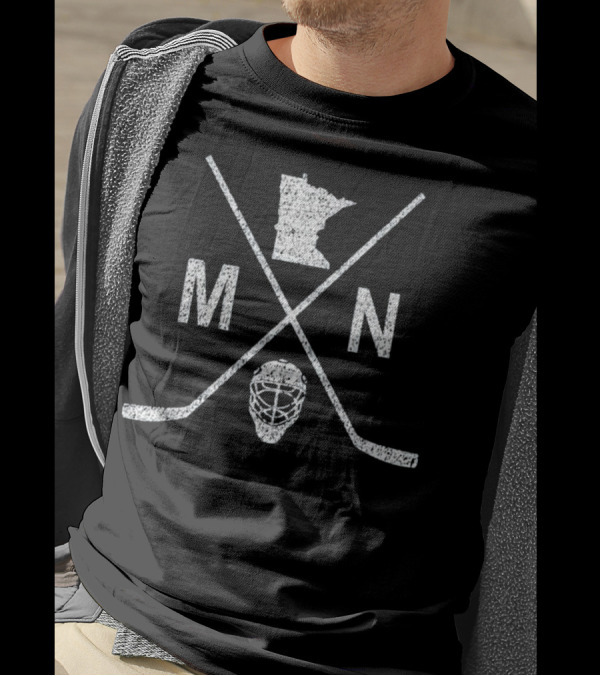 Minnesota Hockey Stick Crossed Goalie Mask MN State Outline T-Shirt