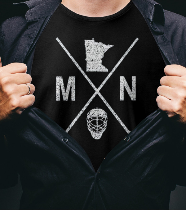 Minnesota Hockey Stick Crossed Goalie Mask MN State Outline T-Shirt