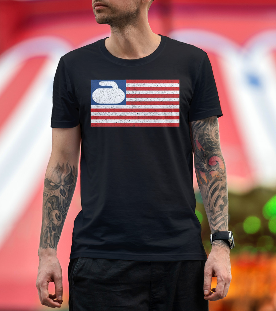 USA Flag with Curling Stone T-Shirt