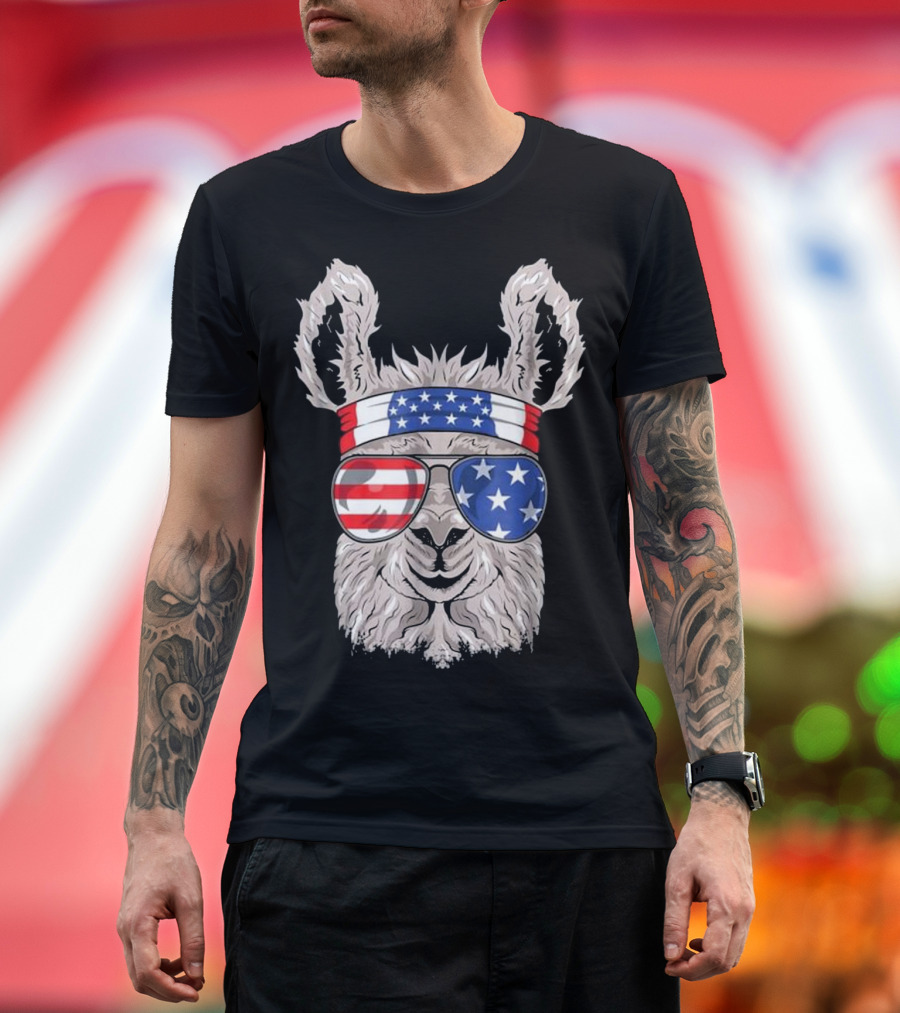 USA Patriotic Llama with American Flag Bandana and Sunglasses T-Shirt