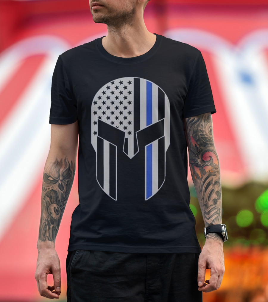 Warrior Helmet American Flag Thin Blue Line Police T-Shirt